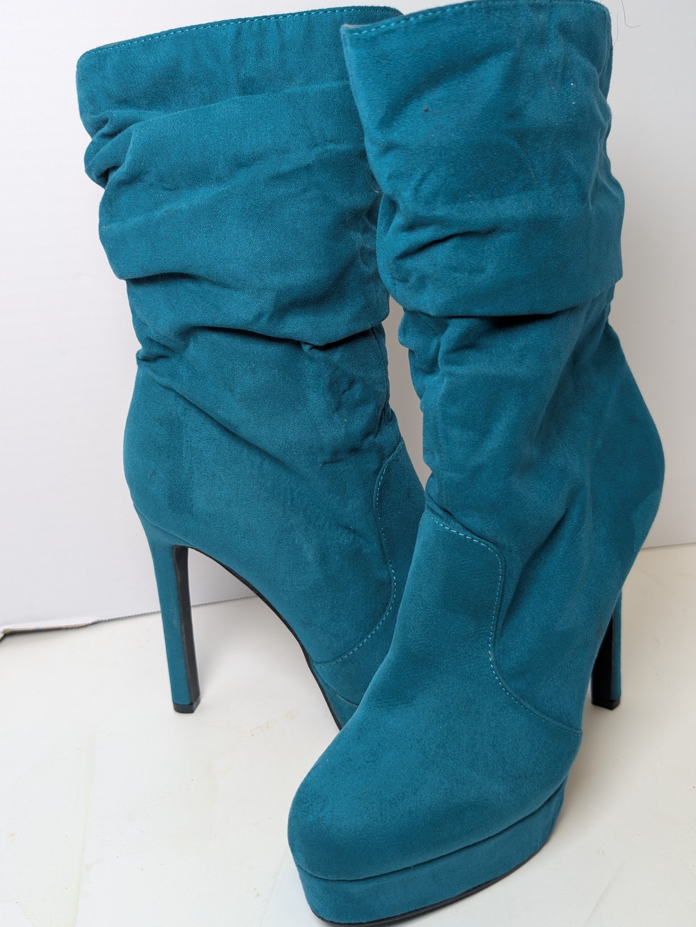 Shoe Dazzle Teal Slouch Platform Stiletto Boots